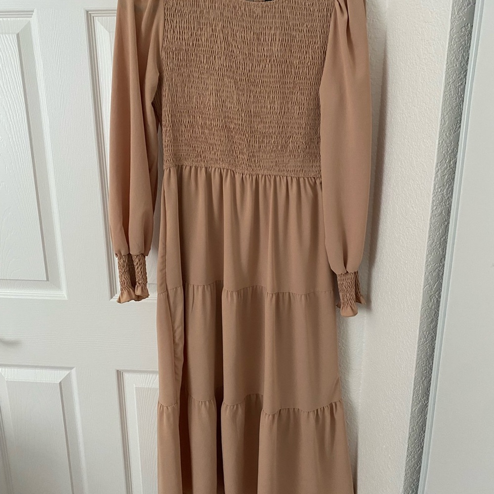 Tan Midi Sundress with Bishop Sleeves and Crew Neck